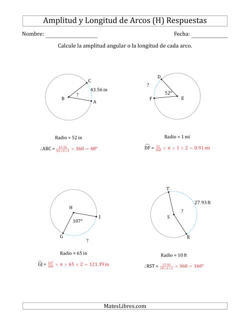 La hoja de ejercicios de Calcular la Amplitud o la Longitud de un Arco a partir del Radio (H) Página 2