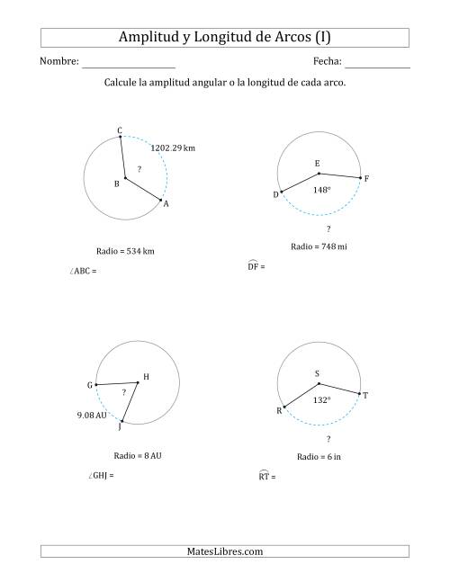 La hoja de ejercicios de Calcular la Amplitud o la Longitud de un Arco a partir del Radio (I)