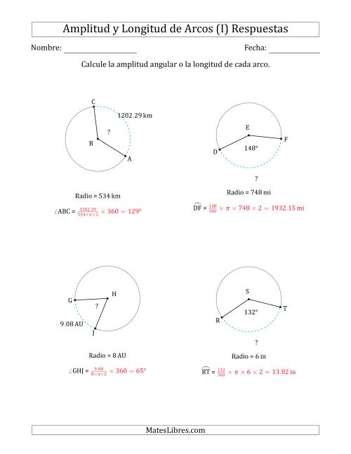 La hoja de ejercicios de Calcular la Amplitud o la Longitud de un Arco a partir del Radio (I) Página 2