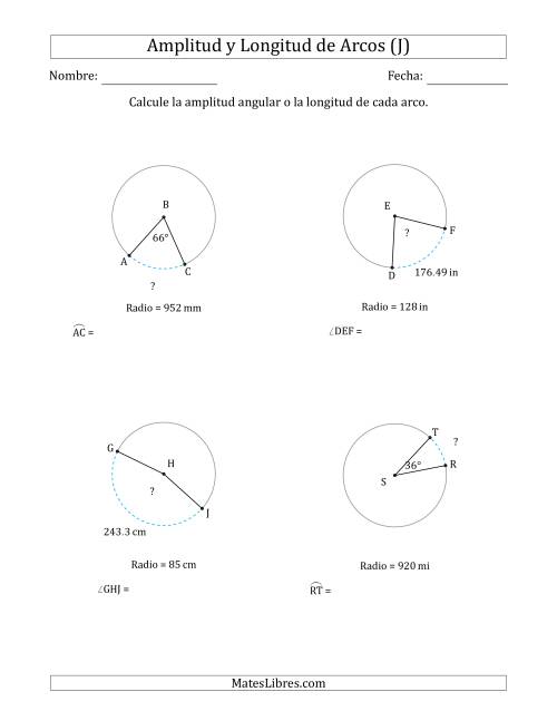 La hoja de ejercicios de Calcular la Amplitud o la Longitud de un Arco a partir del Radio (J)