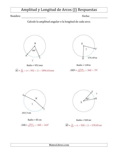 La hoja de ejercicios de Calcular la Amplitud o la Longitud de un Arco a partir del Radio (J) Página 2