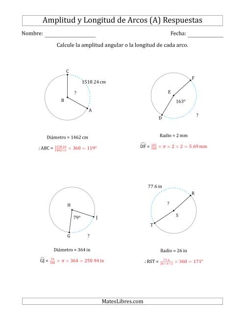 La hoja de ejercicios de Calcular la Amplitud o la Longitud de un Arco a partir del Radio o el Diámetro (A) Página 2
