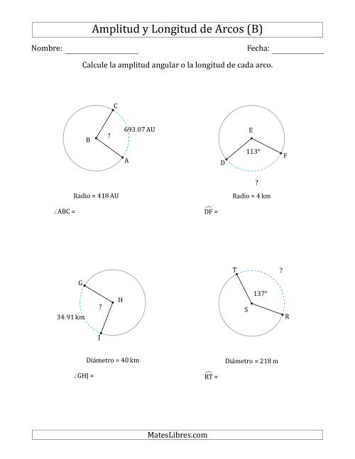 La hoja de ejercicios de Calcular la Amplitud o la Longitud de un Arco a partir del Radio o el Diámetro (B)