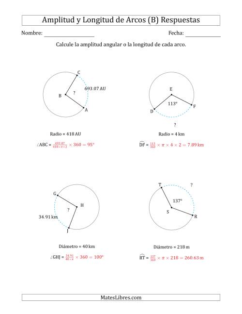 La hoja de ejercicios de Calcular la Amplitud o la Longitud de un Arco a partir del Radio o el Diámetro (B) Página 2