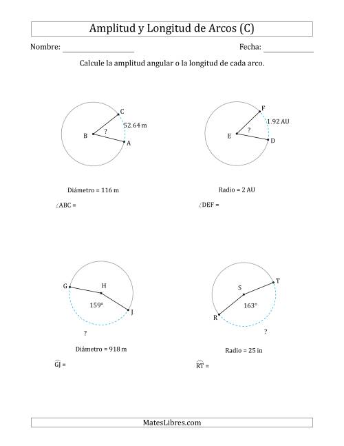 La hoja de ejercicios de Calcular la Amplitud o la Longitud de un Arco a partir del Radio o el Diámetro (C)