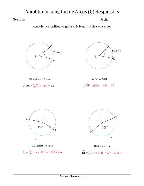 La hoja de ejercicios de Calcular la Amplitud o la Longitud de un Arco a partir del Radio o el Diámetro (C) Página 2