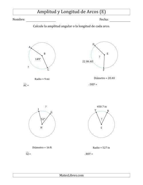 La hoja de ejercicios de Calcular la Amplitud o la Longitud de un Arco a partir del Radio o el Diámetro (E)