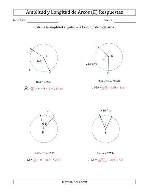 La hoja de ejercicios de Calcular la Amplitud o la Longitud de un Arco a partir del Radio o el Diámetro (E) Página 2