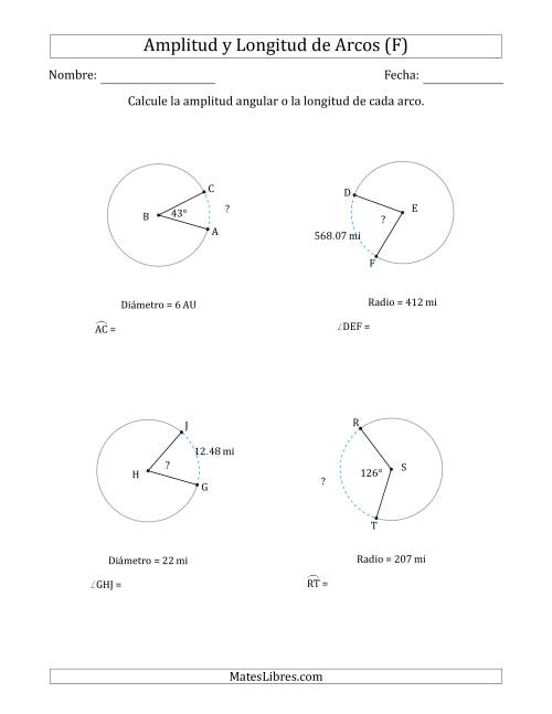 La hoja de ejercicios de Calcular la Amplitud o la Longitud de un Arco a partir del Radio o el Diámetro (F)