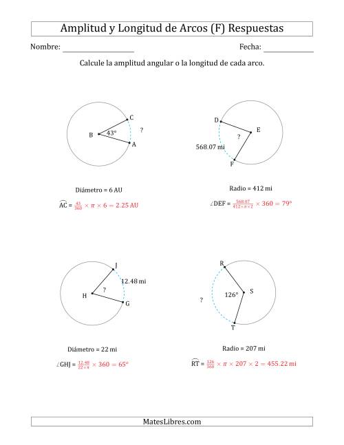 La hoja de ejercicios de Calcular la Amplitud o la Longitud de un Arco a partir del Radio o el Diámetro (F) Página 2
