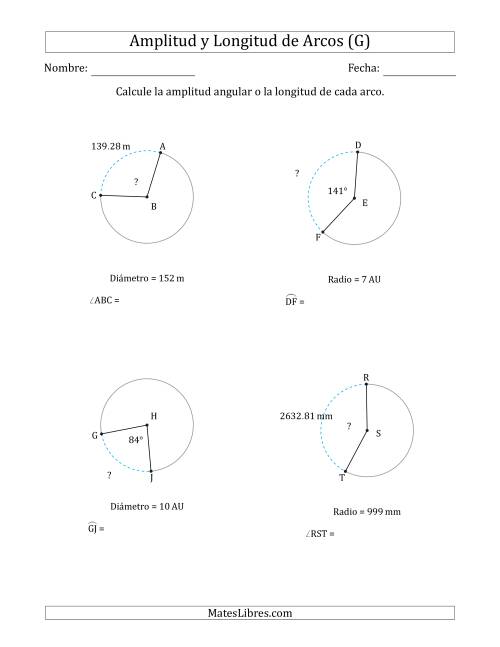 La hoja de ejercicios de Calcular la Amplitud o la Longitud de un Arco a partir del Radio o el Diámetro (G)