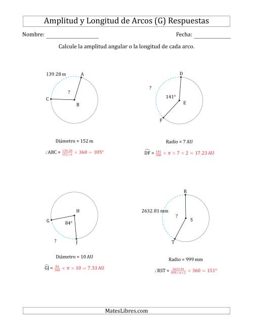 La hoja de ejercicios de Calcular la Amplitud o la Longitud de un Arco a partir del Radio o el Diámetro (G) Página 2
