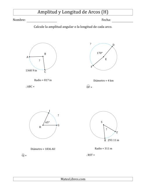 La hoja de ejercicios de Calcular la Amplitud o la Longitud de un Arco a partir del Radio o el Diámetro (H)