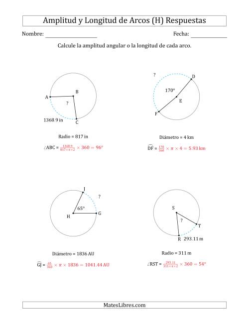 La hoja de ejercicios de Calcular la Amplitud o la Longitud de un Arco a partir del Radio o el Diámetro (H) Página 2