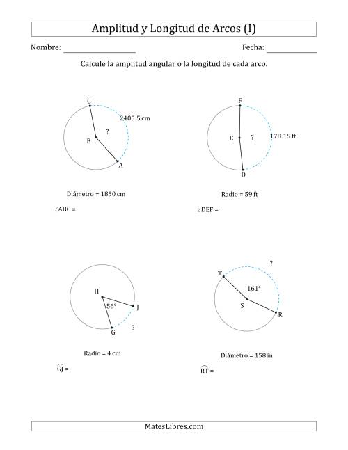 La hoja de ejercicios de Calcular la Amplitud o la Longitud de un Arco a partir del Radio o el Diámetro (I)