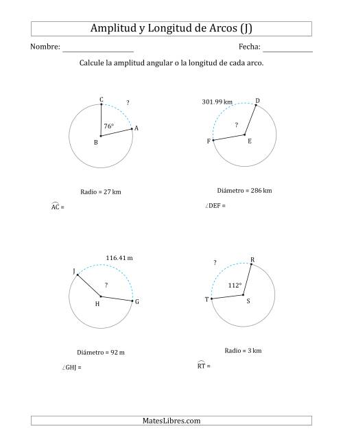 La hoja de ejercicios de Calcular la Amplitud o la Longitud de un Arco a partir del Radio o el Diámetro (J)