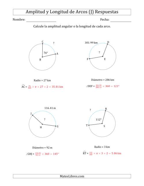 La hoja de ejercicios de Calcular la Amplitud o la Longitud de un Arco a partir del Radio o el Diámetro (J) Página 2