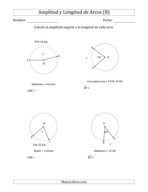 La hoja de ejercicios de Calcular la Amplitud o la Longitud de un Arco a partir del Radio, el Diámetro o la Circunferencia (B)