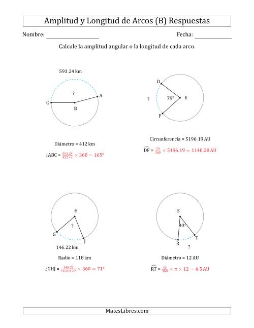La hoja de ejercicios de Calcular la Amplitud o la Longitud de un Arco a partir del Radio, el Diámetro o la Circunferencia (B) Página 2
