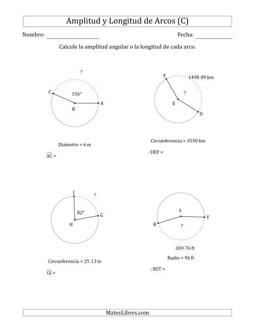 La hoja de ejercicios de Calcular la Amplitud o la Longitud de un Arco a partir del Radio, el Diámetro o la Circunferencia (C)