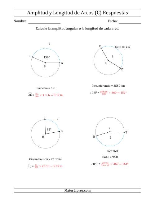 La hoja de ejercicios de Calcular la Amplitud o la Longitud de un Arco a partir del Radio, el Diámetro o la Circunferencia (C) Página 2
