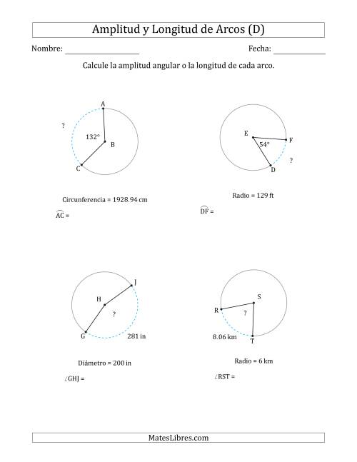 La hoja de ejercicios de Calcular la Amplitud o la Longitud de un Arco a partir del Radio, el Diámetro o la Circunferencia (D)