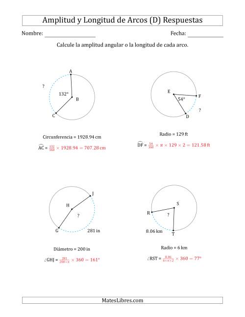 La hoja de ejercicios de Calcular la Amplitud o la Longitud de un Arco a partir del Radio, el Diámetro o la Circunferencia (D) Página 2