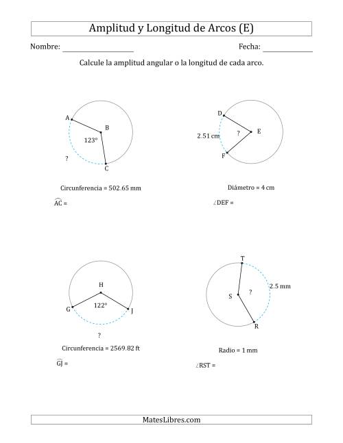 La hoja de ejercicios de Calcular la Amplitud o la Longitud de un Arco a partir del Radio, el Diámetro o la Circunferencia (E)