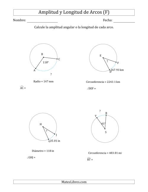 La hoja de ejercicios de Calcular la Amplitud o la Longitud de un Arco a partir del Radio, el Diámetro o la Circunferencia (F)