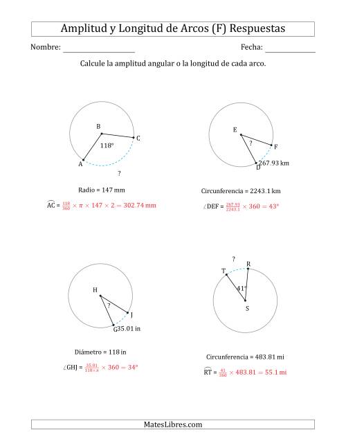 La hoja de ejercicios de Calcular la Amplitud o la Longitud de un Arco a partir del Radio, el Diámetro o la Circunferencia (F) Página 2