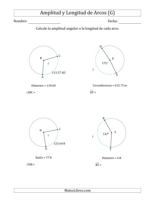 La hoja de ejercicios de Calcular la Amplitud o la Longitud de un Arco a partir del Radio, el Diámetro o la Circunferencia (G)