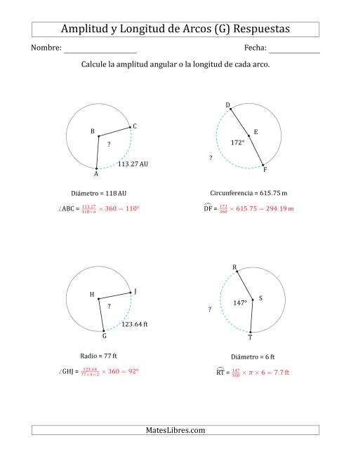 La hoja de ejercicios de Calcular la Amplitud o la Longitud de un Arco a partir del Radio, el Diámetro o la Circunferencia (G) Página 2