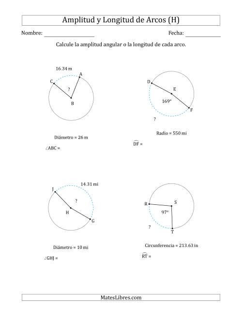La hoja de ejercicios de Calcular la Amplitud o la Longitud de un Arco a partir del Radio, el Diámetro o la Circunferencia (H)
