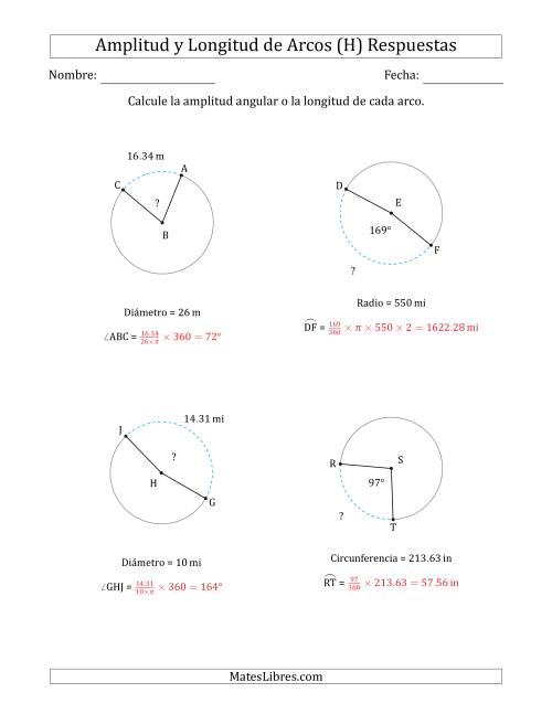 La hoja de ejercicios de Calcular la Amplitud o la Longitud de un Arco a partir del Radio, el Diámetro o la Circunferencia (H) Página 2