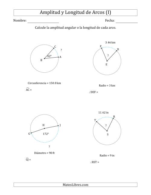 La hoja de ejercicios de Calcular la Amplitud o la Longitud de un Arco a partir del Radio, el Diámetro o la Circunferencia (I)