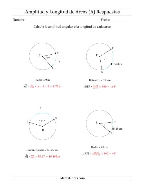 La hoja de ejercicios de Calcular la Amplitud o la Longitud de un Arco a partir del Radio, el Diámetro o la Circunferencia (Todas) Página 2