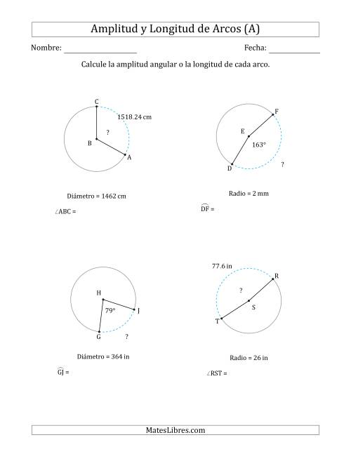 La hoja de ejercicios de Calcular la Amplitud o la Longitud de un Arco a partir del Radio o el Diámetro (Todas)