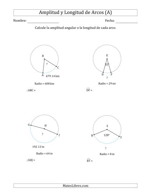 La hoja de ejercicios de Calcular la Amplitud o la Longitud de un Arco a partir del Radio (Todas)