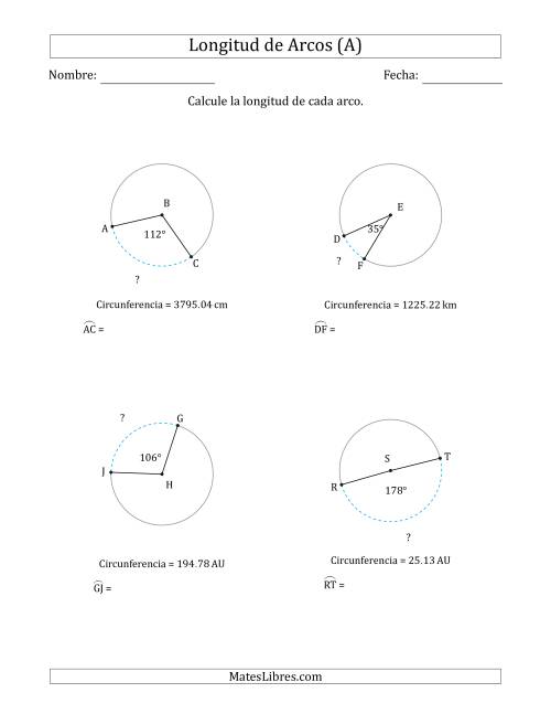 La hoja de ejercicios de Calcular la Longitud de un Arco a partir de la Circunferencia (A)