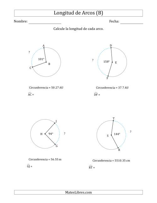 La hoja de ejercicios de Calcular la Longitud de un Arco a partir de la Circunferencia (B)