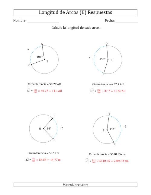La hoja de ejercicios de Calcular la Longitud de un Arco a partir de la Circunferencia (B) Página 2