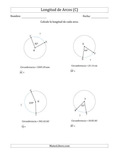 La hoja de ejercicios de Calcular la Longitud de un Arco a partir de la Circunferencia (C)