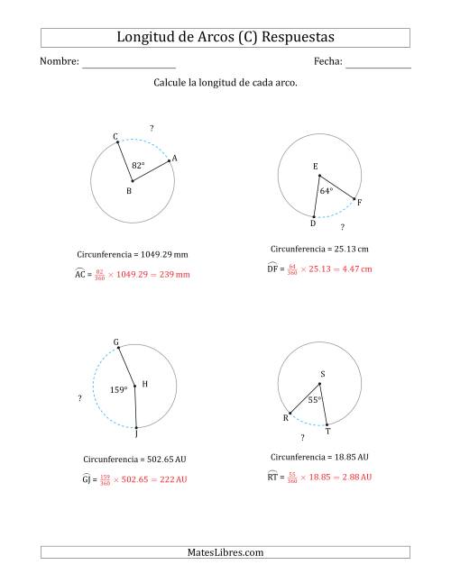La hoja de ejercicios de Calcular la Longitud de un Arco a partir de la Circunferencia (C) Página 2