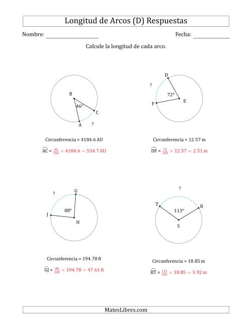 La hoja de ejercicios de Calcular la Longitud de un Arco a partir de la Circunferencia (D) Página 2