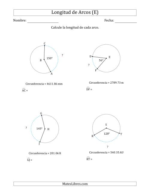 La hoja de ejercicios de Calcular la Longitud de un Arco a partir de la Circunferencia (E)