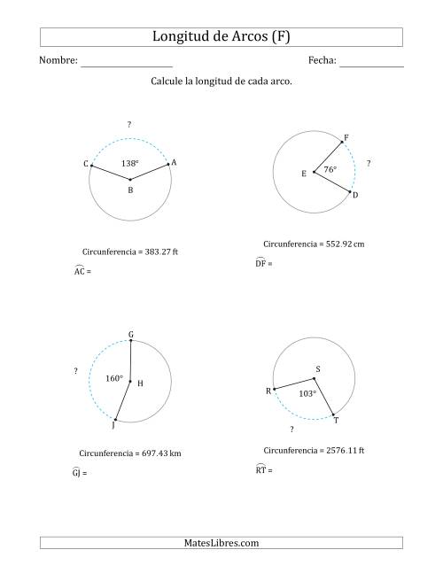 La hoja de ejercicios de Calcular la Longitud de un Arco a partir de la Circunferencia (F)