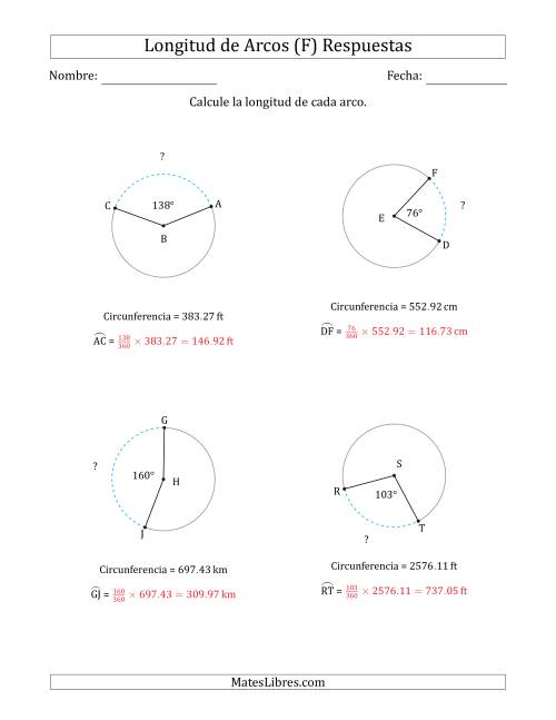 La hoja de ejercicios de Calcular la Longitud de un Arco a partir de la Circunferencia (F) Página 2