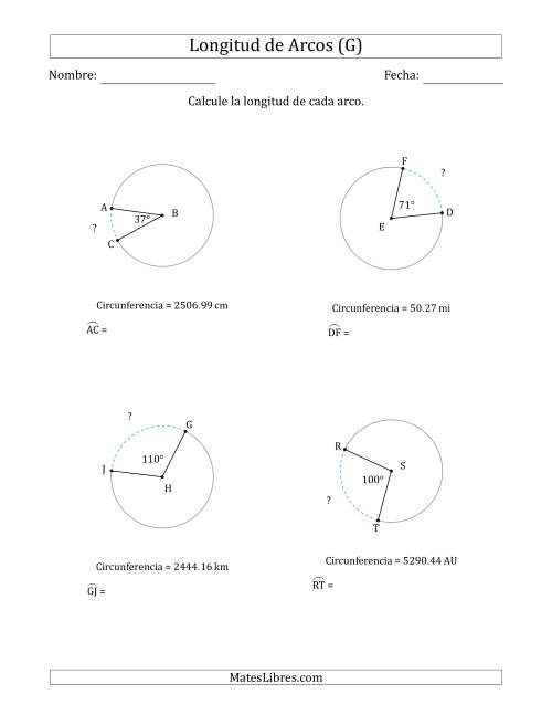 La hoja de ejercicios de Calcular la Longitud de un Arco a partir de la Circunferencia (G)