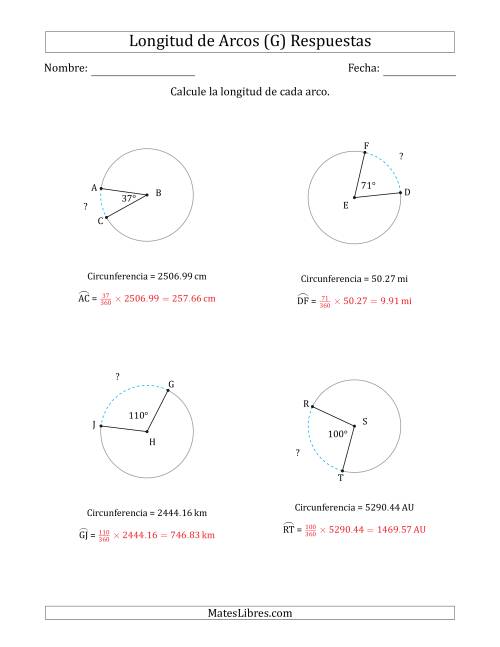 La hoja de ejercicios de Calcular la Longitud de un Arco a partir de la Circunferencia (G) Página 2
