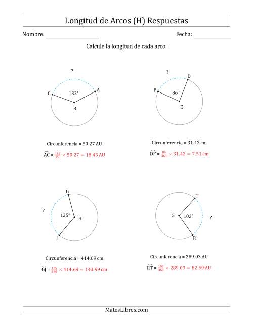 La hoja de ejercicios de Calcular la Longitud de un Arco a partir de la Circunferencia (H) Página 2